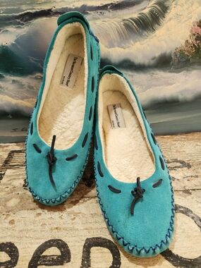 Teal Suede Moccasin Slippers - Women Size 10